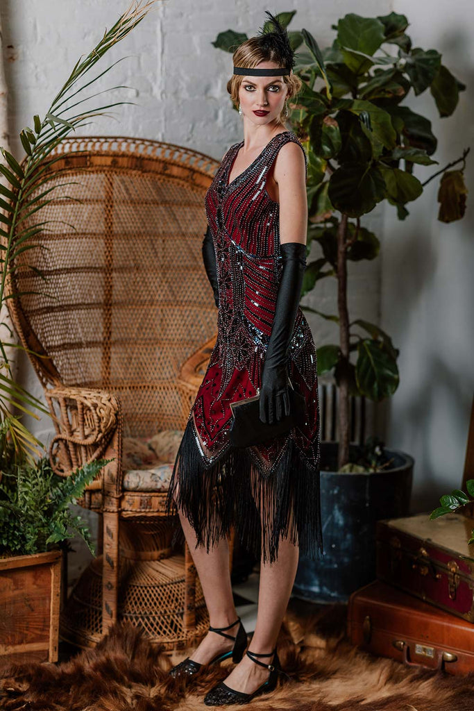 WEINROT 1920ER PAILLETTEN FRANSEN FLAPPER KLEID