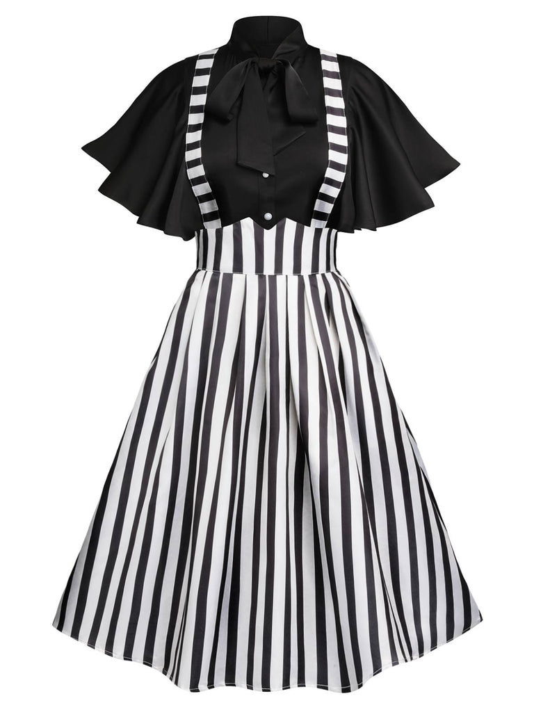 2PCS 1950er Beetlejuice Kostüm Schwarz Rüschenärmel Bluse & Streifen Straps Rock