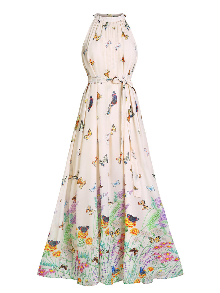 [Vorverkauf] Beiges 30er Vintage Maxikleid mit Blumen und Schmetterlingen