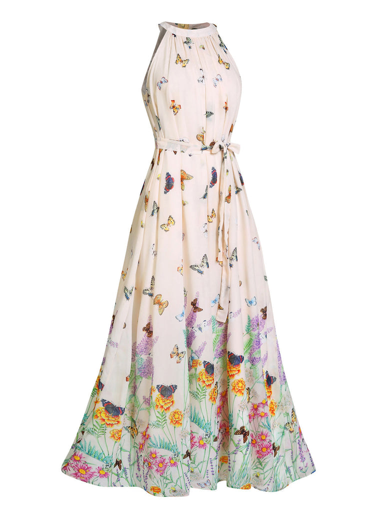 [Vorverkauf] Beiges 30er Vintage Maxikleid mit Blumen und Schmetterlingen