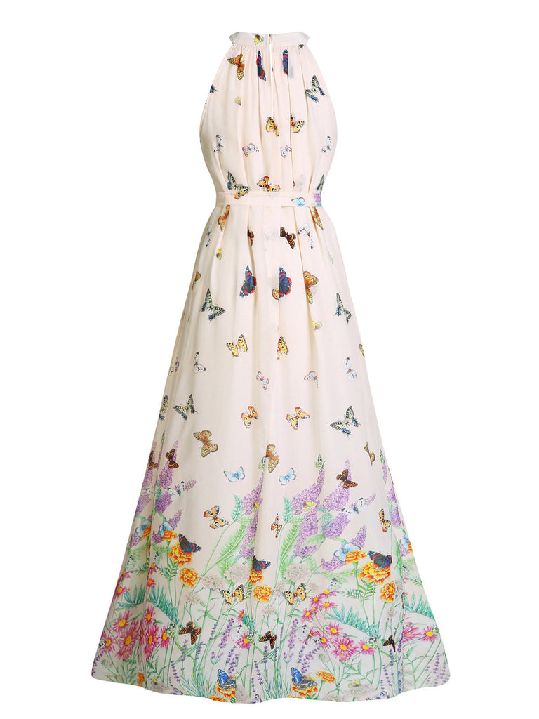 [Vorverkauf] Beiges 30er Vintage Maxikleid mit Blumen und Schmetterlingen