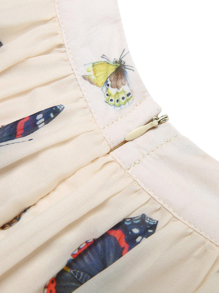 [Vorverkauf] Beiges 30er Vintage Maxikleid mit Blumen und Schmetterlingen