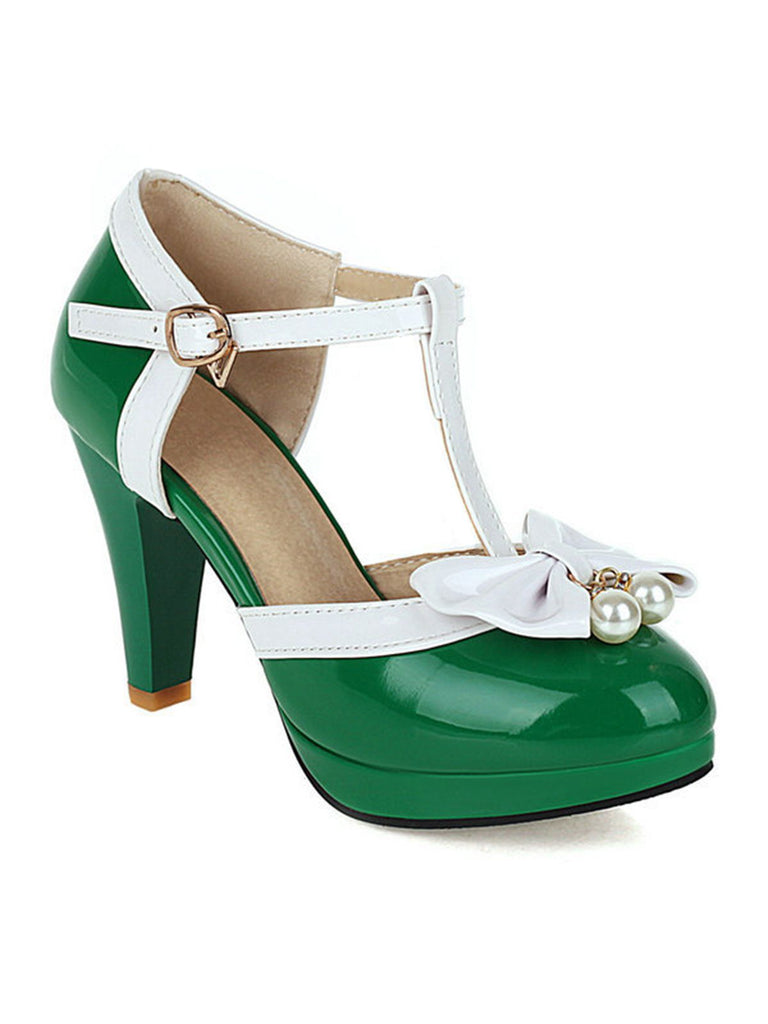 Grün Retro T-Gurt Bogen Hoher Absatz Schuhe