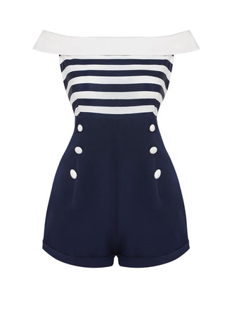 Marineblau 1950er Patchwork Schulterfrei Gestreift Romper