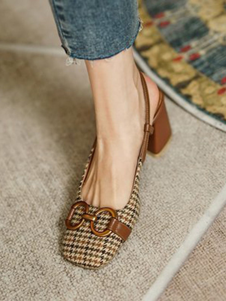 RETRO COFFEE PLAID DICKE HIGH HEELS SCHUHE