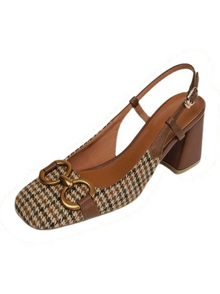 RETRO COFFEE PLAID DICKE HIGH HEELS SCHUHE