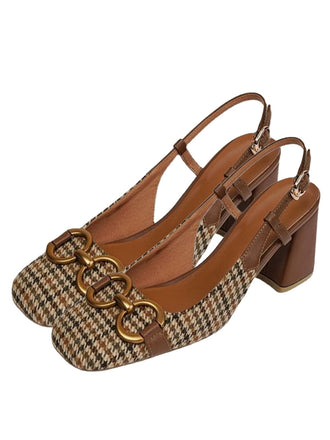 RETRO COFFEE PLAID DICKE HIGH HEELS SCHUHE