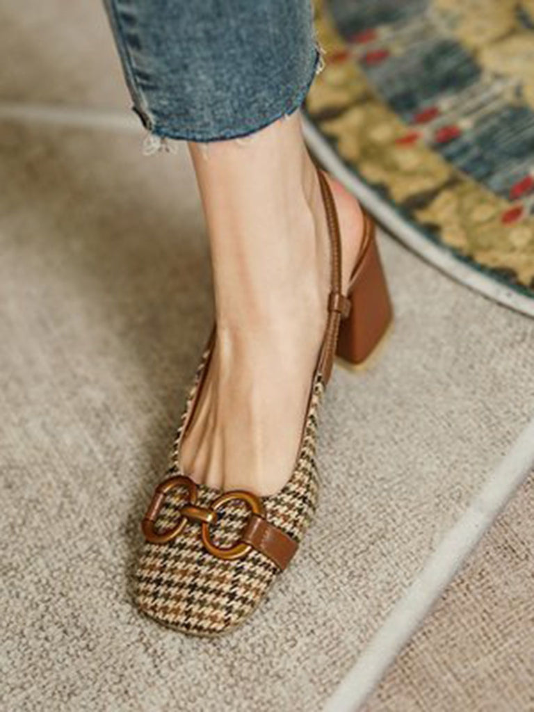 RETRO COFFEE PLAID DICKE HIGH HEELS SCHUHE