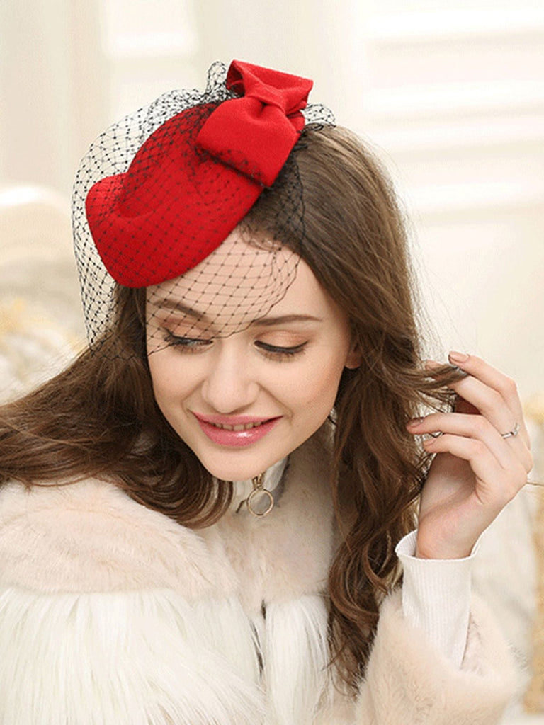 RETRO WOLLMÜTZE MIT SCHLEIFE AUS NETZSTOFF