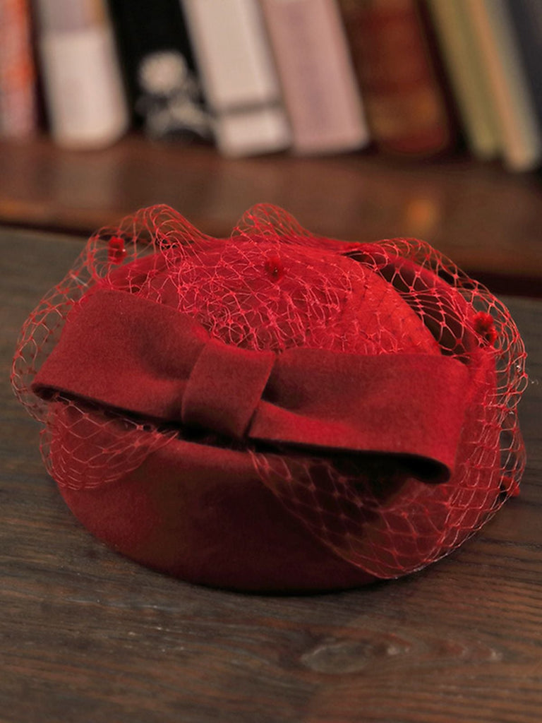 RETRO WOLLMÜTZE MIT SCHLEIFE AUS NETZSTOFF