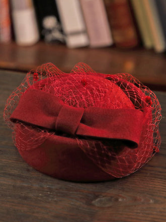 RETRO WOLLMÜTZE MIT SCHLEIFE AUS NETZSTOFF