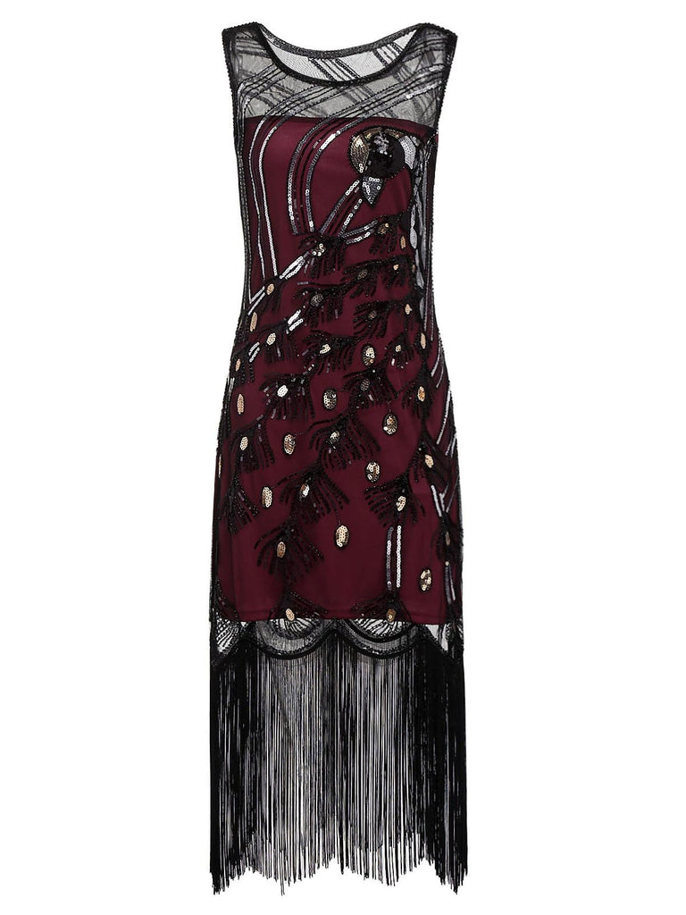 WEINROT 1920ER SCHWARZ PAILLETTEN PERLEN FRANSEN KLEID