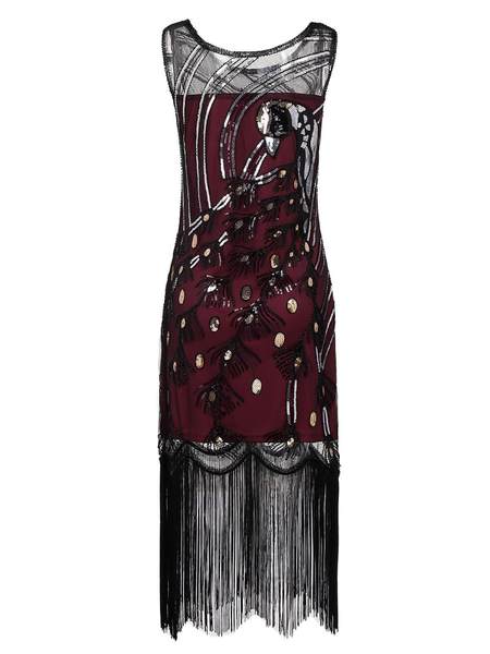 WEINROT 1920ER SCHWARZ PAILLETTEN PERLEN FRANSEN KLEID