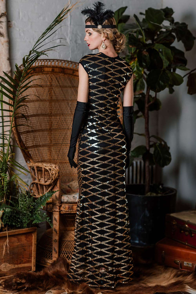 1920ER SCHWARZ PAILLETTEN MAXIKLEID