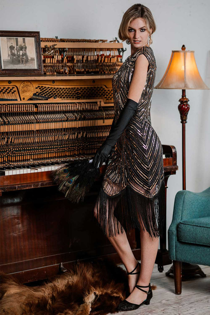 1920ER GOLD PAILLETTEN PERLEN FRANSEN KLEID