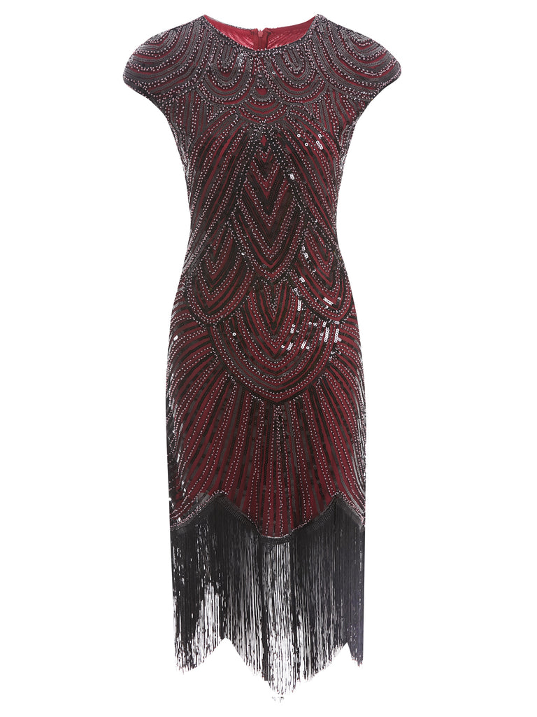 1920ER WEINROT PAILLETTEN PERLEN FRANSEN KLEID