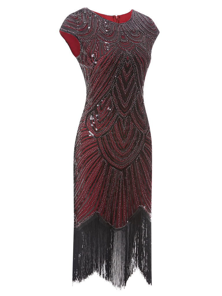 1920ER WEINROT PAILLETTEN PERLEN FRANSEN KLEID
