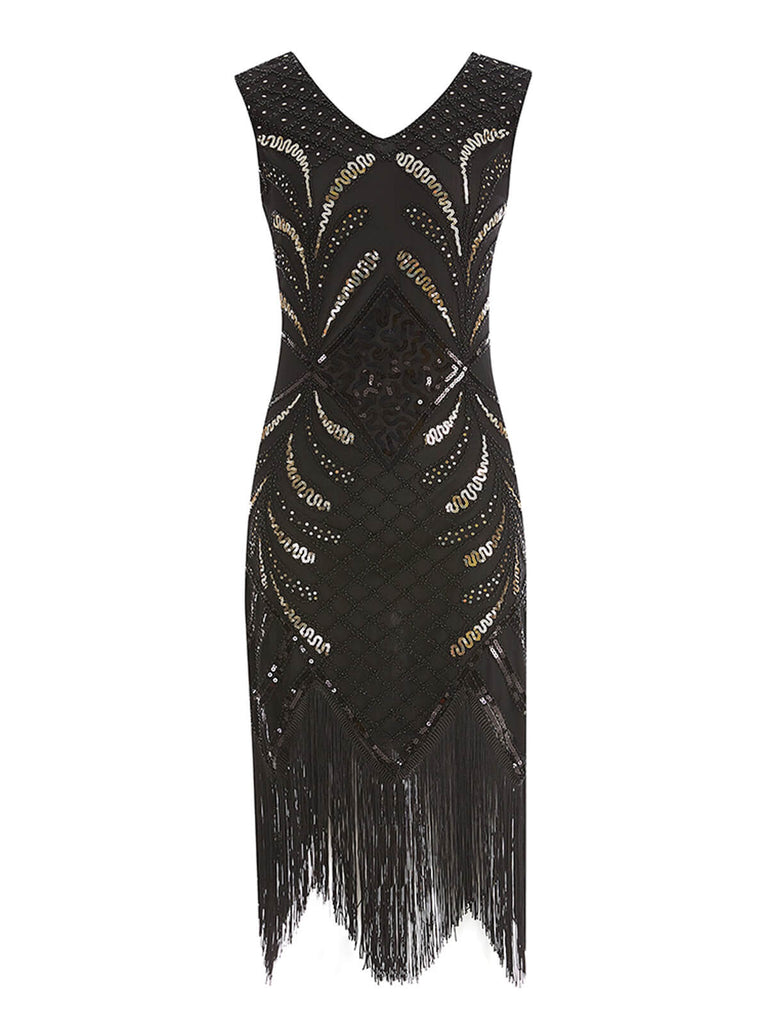 SCHWARZ 1920ER PAILLETTEN FRANSEN FLAPPER KLEID