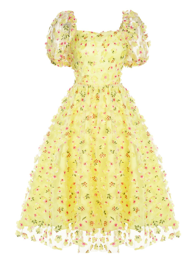 Gelb 3D Blumen Puffärmeln Swing Kleid