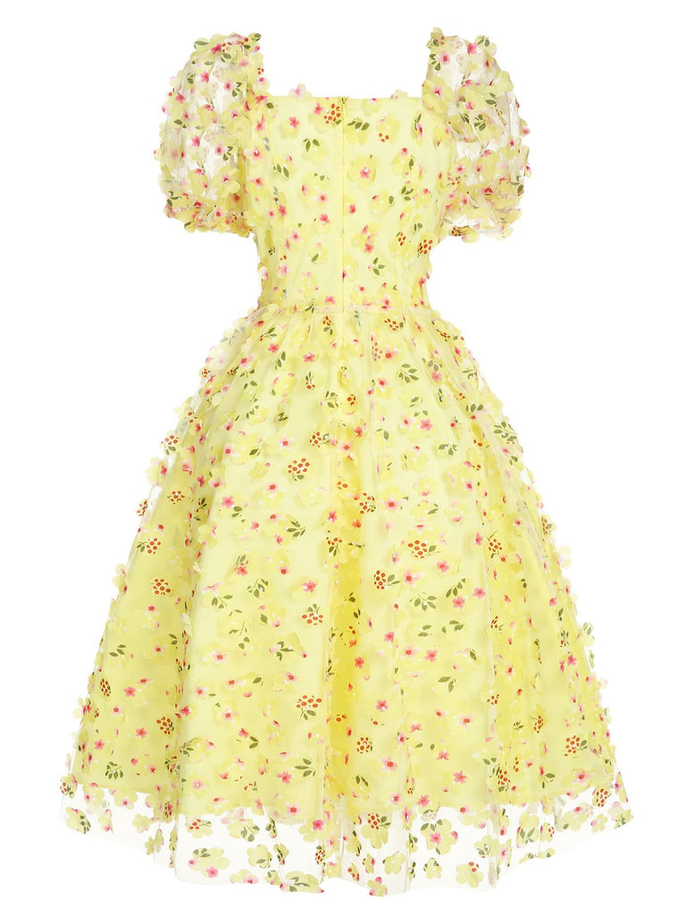 Gelb 3D Blumen Puffärmeln Swing Kleid