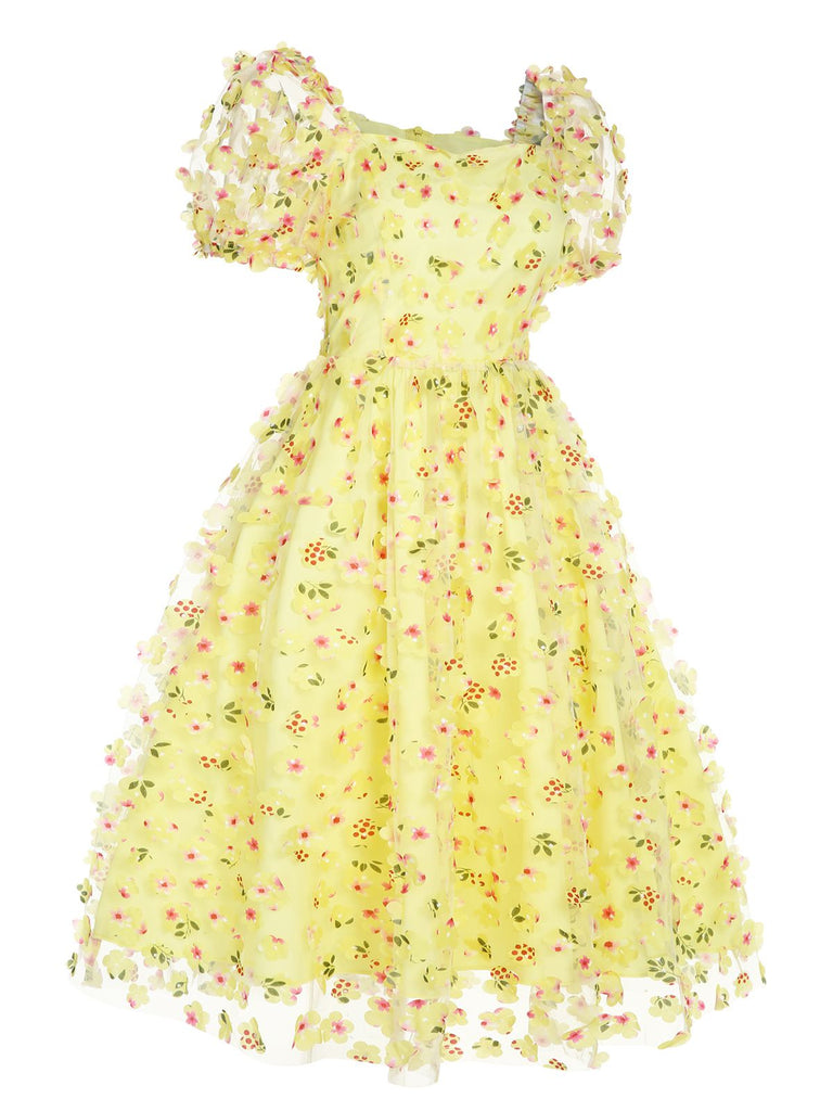 Gelb 3D Blumen Puffärmeln Swing Kleid