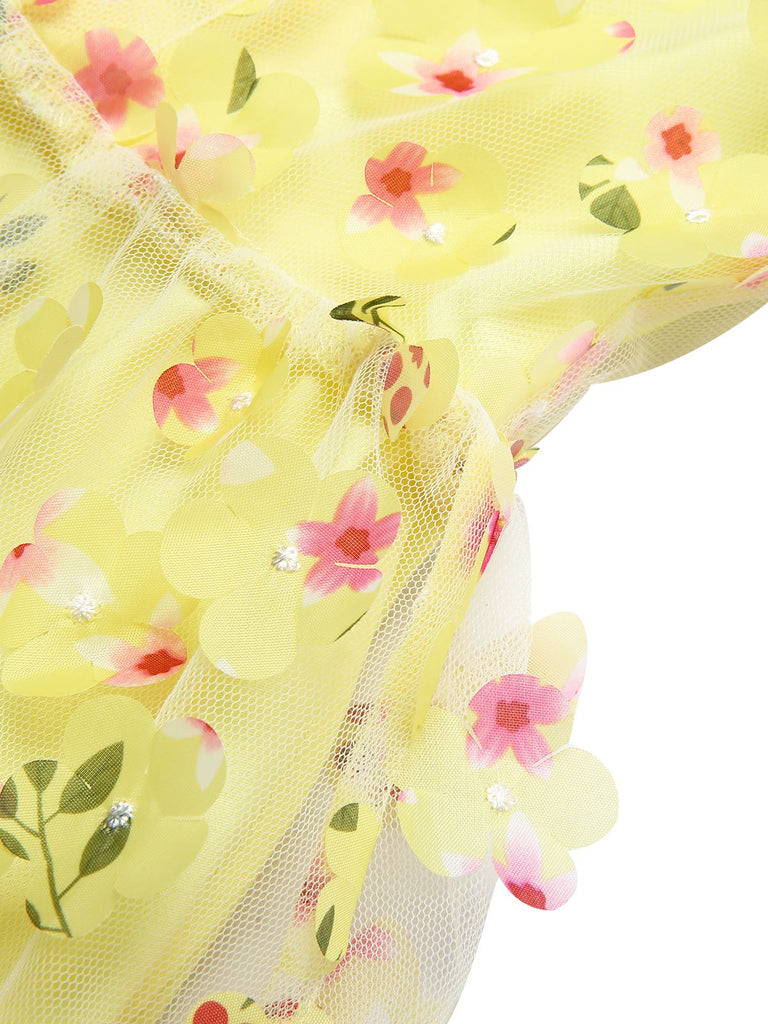 Gelb 3D Blumen Puffärmeln Swing Kleid