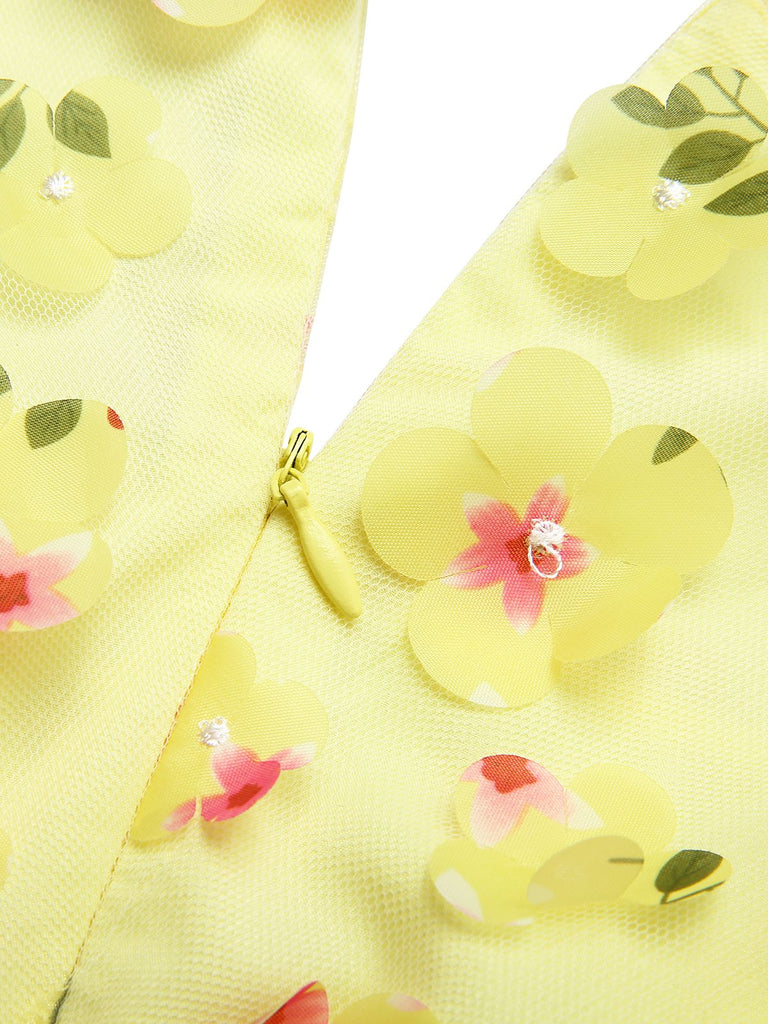 Gelb 3D Blumen Puffärmeln Swing Kleid