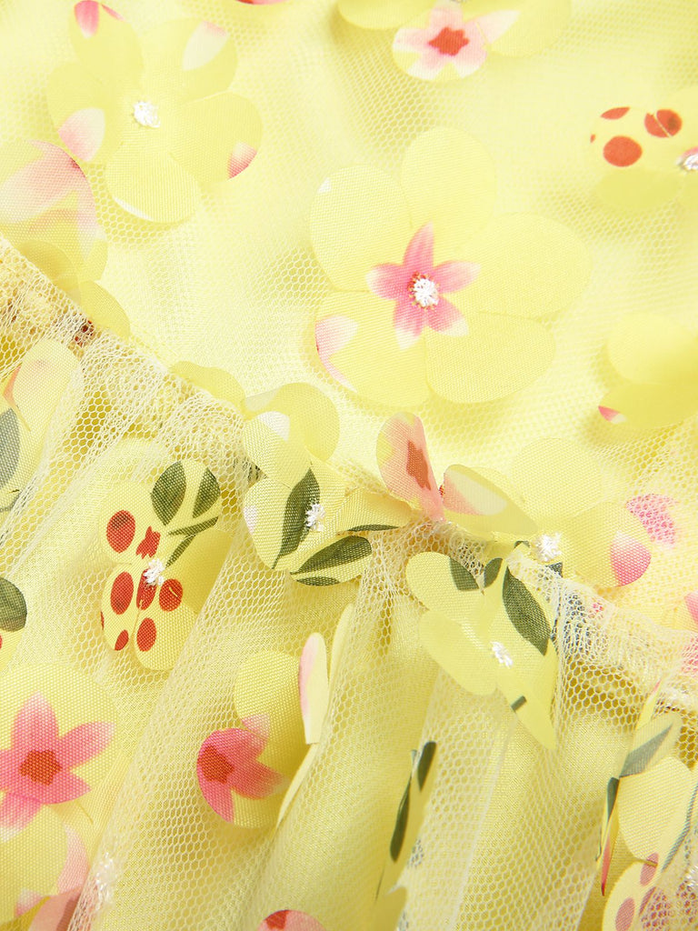 Gelb 3D Blumen Puffärmeln Swing Kleid