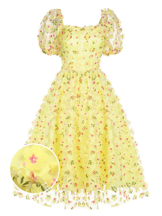 Gelb 3D Blumen Puffärmeln Swing Kleid