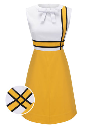 Weißes Und Gelbes 1960er Schleifen Patchwork Kleid