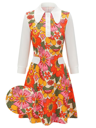 Orange 1960er Revers Blumen Patchwork Kleid