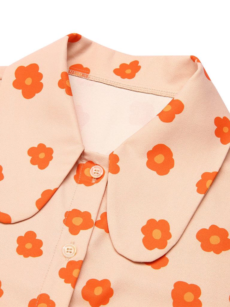 2PCS Orange 1960er Blumen Hemd & Rock