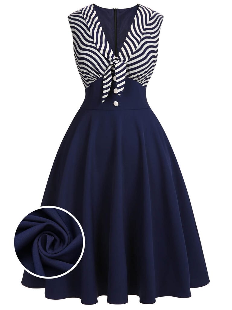 Marineblaues gestreiftes Patchwork-Kleid aus den 1950ern