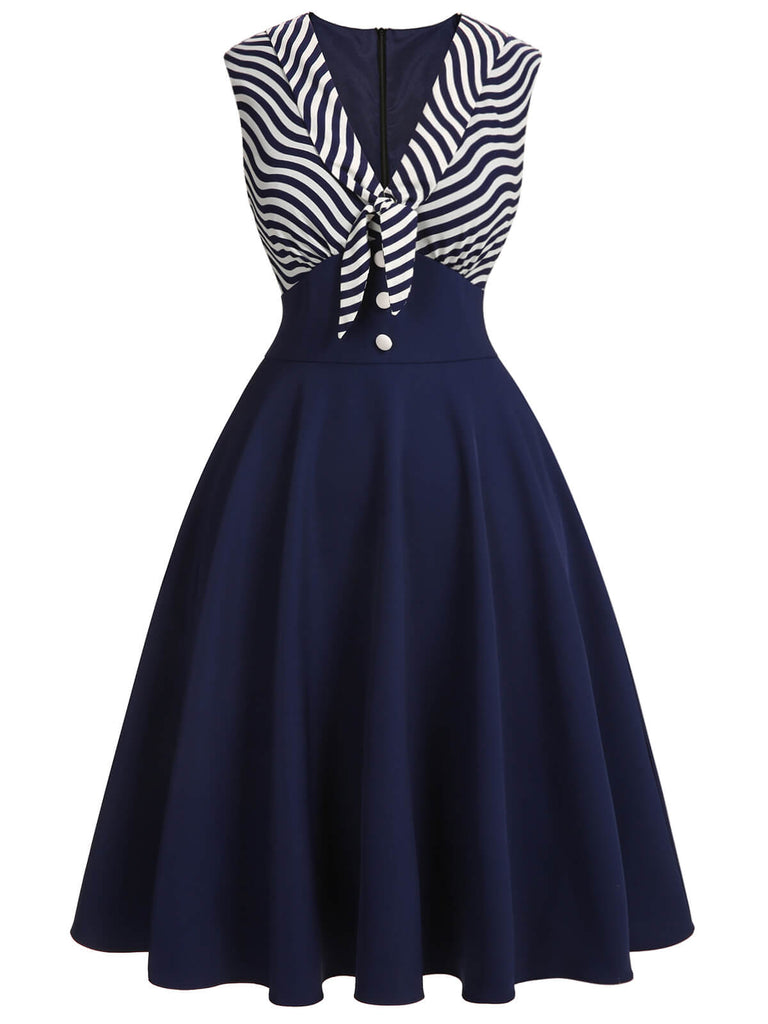 Marineblaues gestreiftes Patchwork-Kleid aus den 1950ern