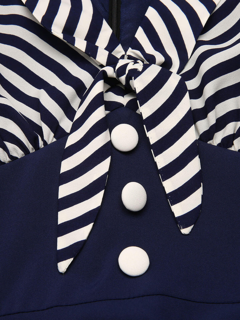 Marineblaues gestreiftes Patchwork-Kleid aus den 1950ern