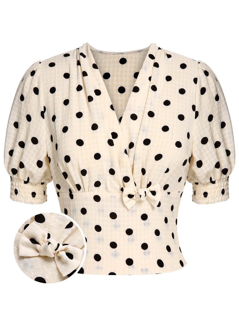 [Vorverkauf] Beige 1940er Tupfen Bogen V-Ausschnitt Bluse