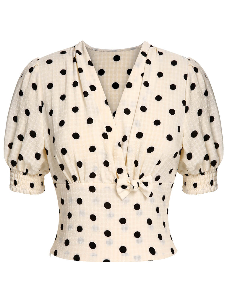 [Vorverkauf] Beige 1940er Tupfen Bogen V-Ausschnitt Bluse