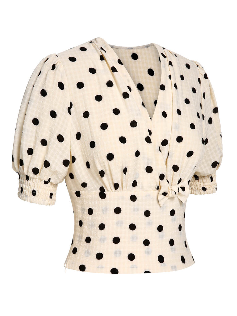 [Vorverkauf] Beige 1940er Tupfen Bogen V-Ausschnitt Bluse