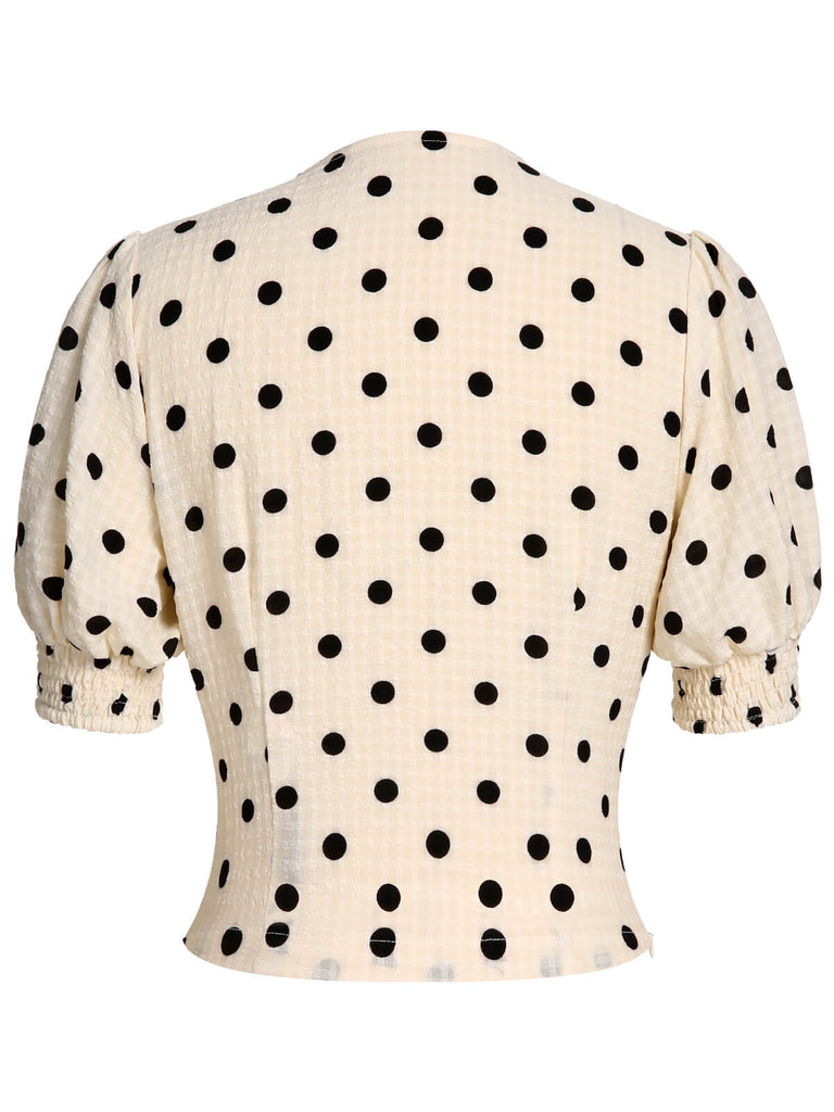 [Vorverkauf] Beige 1940er Tupfen Bogen V-Ausschnitt Bluse