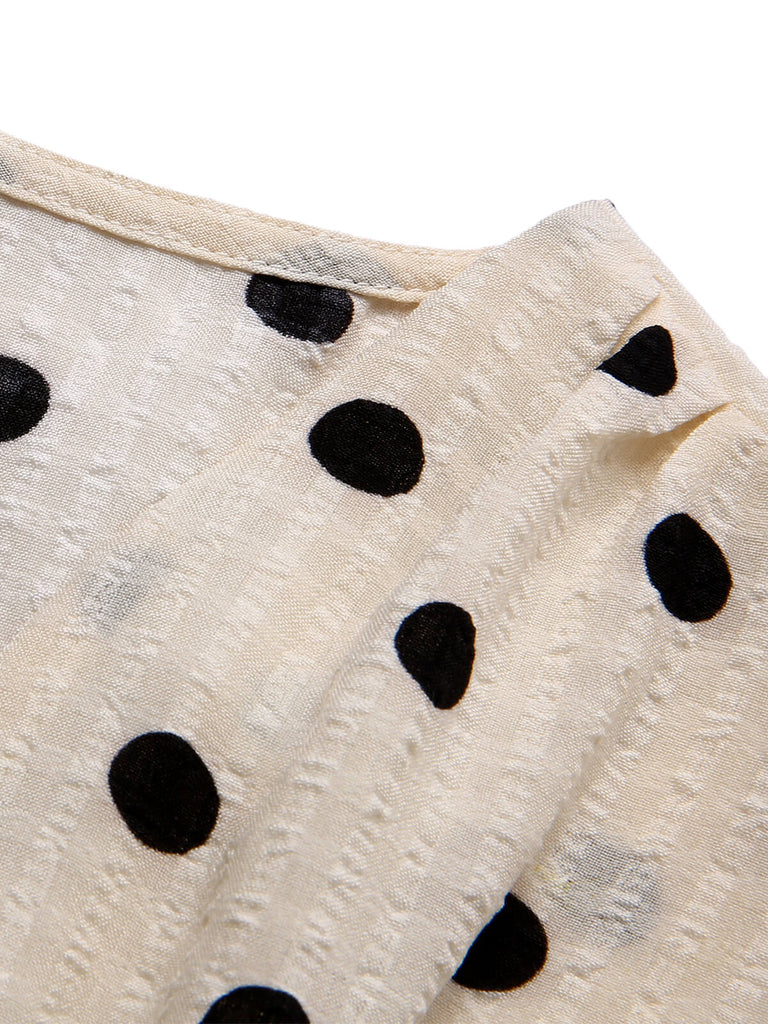 [Vorverkauf] Beige 1940er Tupfen Bogen V-Ausschnitt Bluse