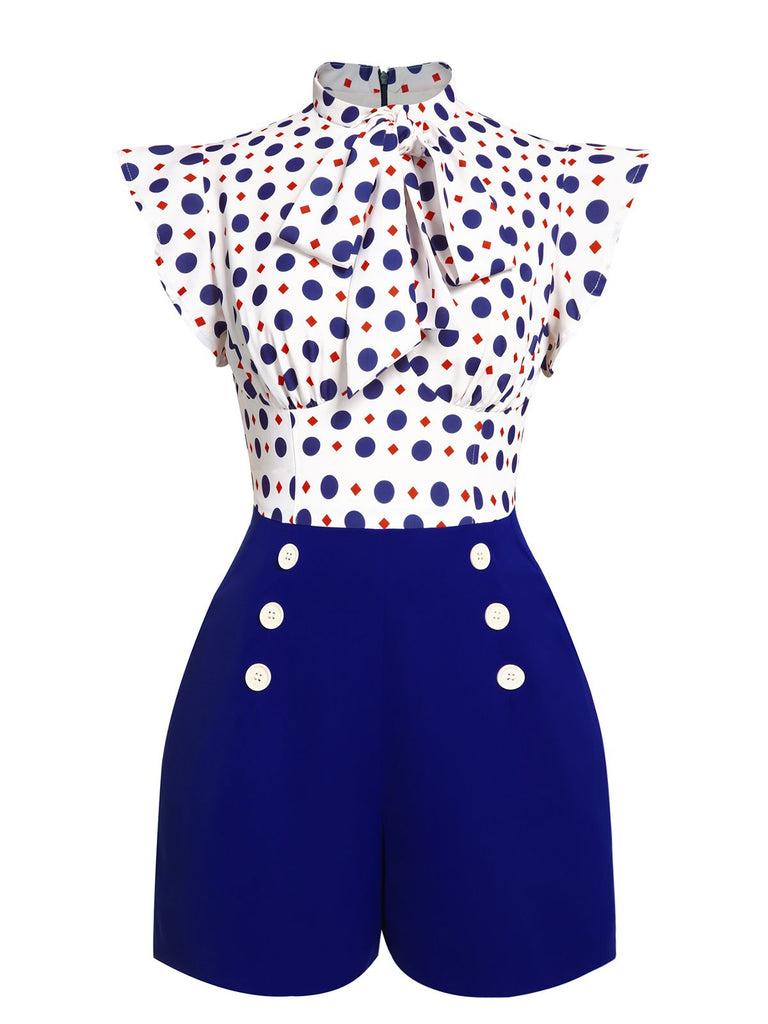Blauer 1950er Polka Dot Geknöpfter Romper