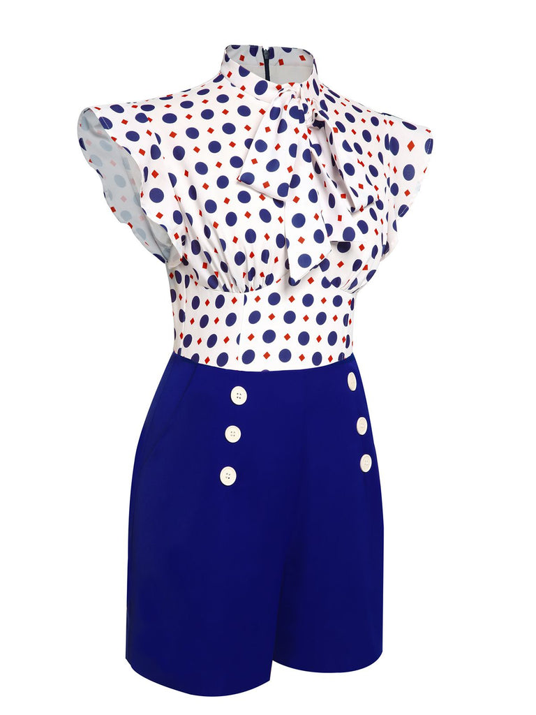 Blauer 1950er Polka Dot Geknöpfter Romper
