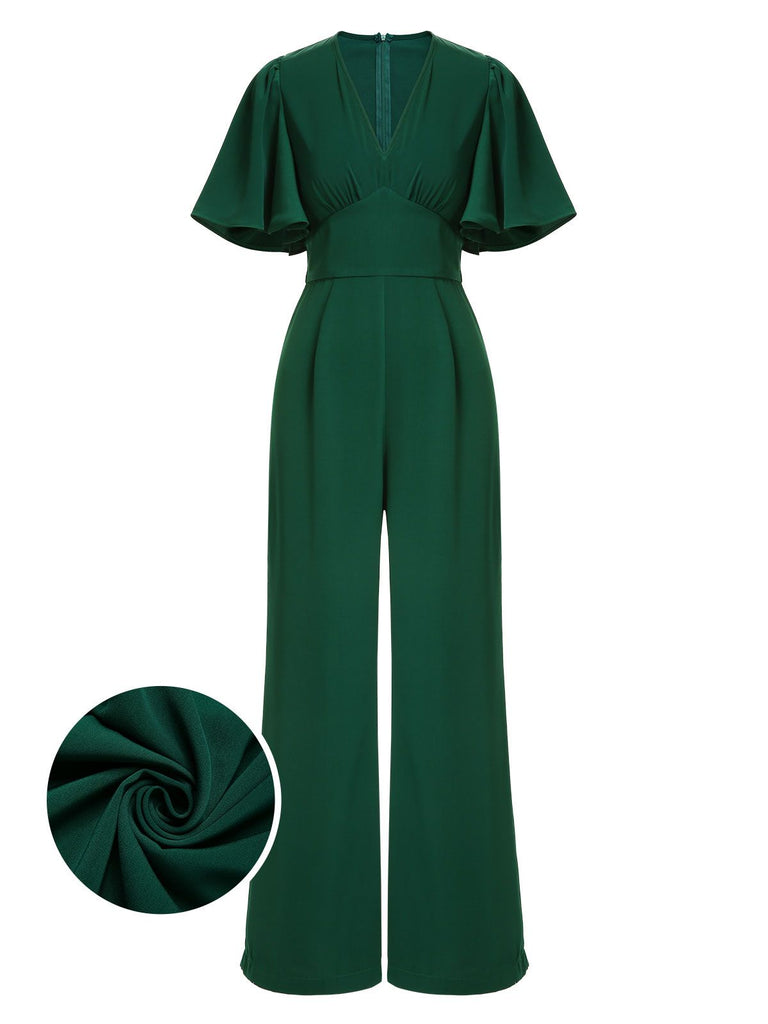 Grüner 1930er Solid V-Ausschnitt Jumpsuit