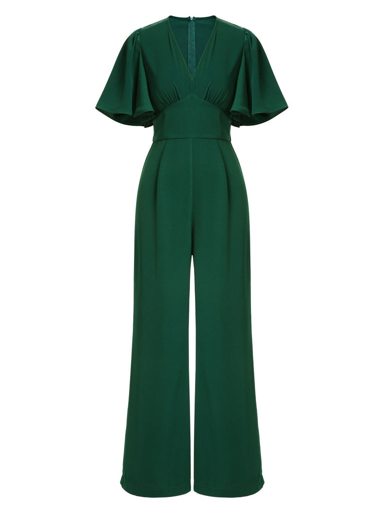 Grüner 1930er Solid V-Ausschnitt Jumpsuit