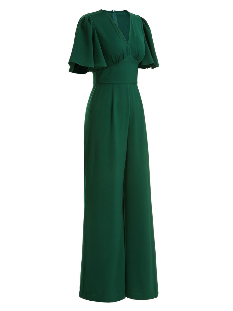 Grüner 1930er Solid V-Ausschnitt Jumpsuit