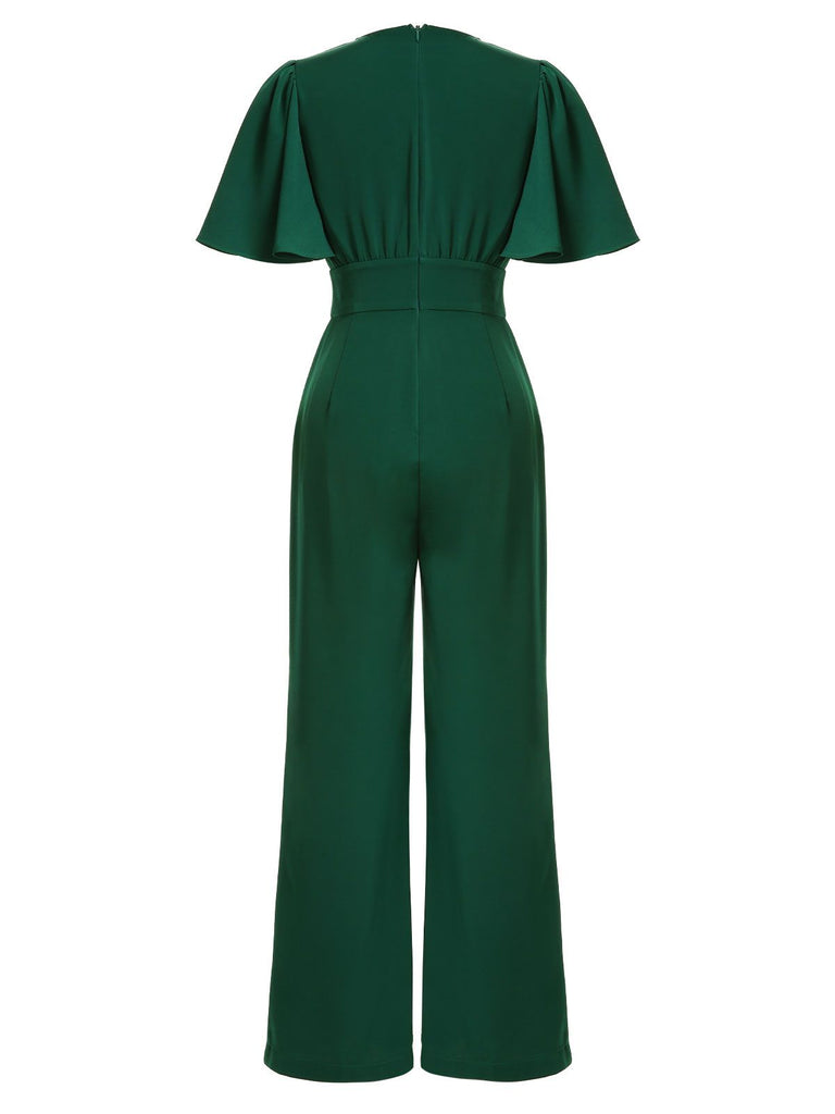 Grüner 1930er Solid V-Ausschnitt Jumpsuit