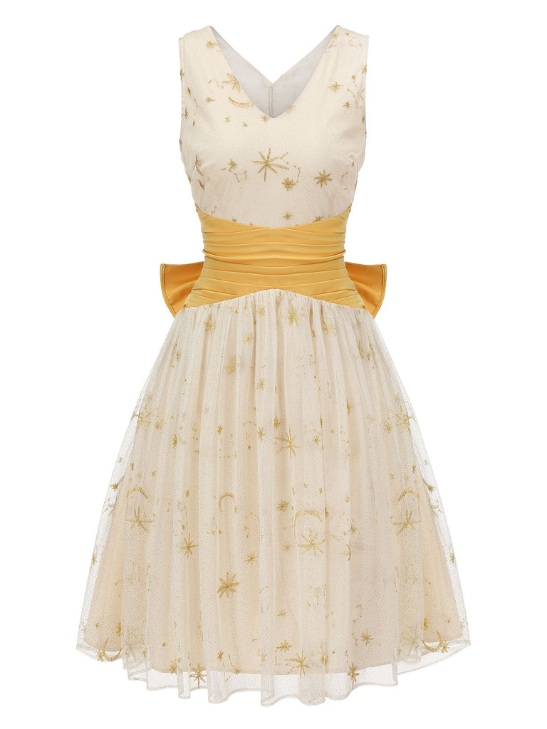 Gelbes 1950er Mesh Patchwork Swing Kleid