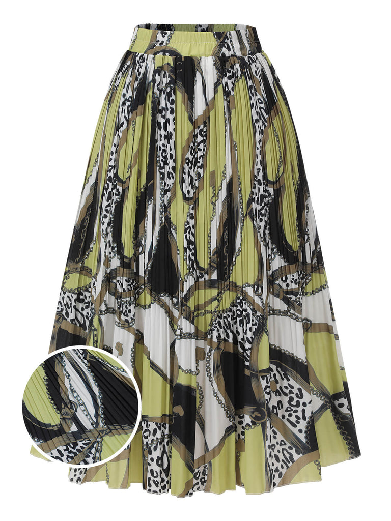 Grüner & Schwarzer 1950er Gemusterter Plissierter Midi-Rock