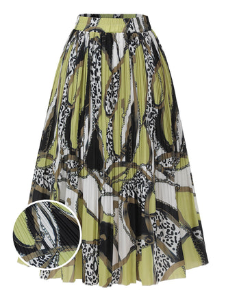 Grüner & Schwarzer 1950er Gemusterter Plissierter Midi-Rock