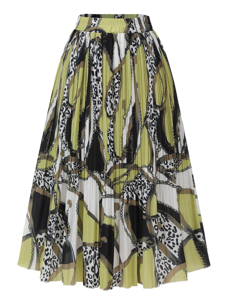 Grüner & Schwarzer 1950er Gemusterter Plissierter Midi-Rock